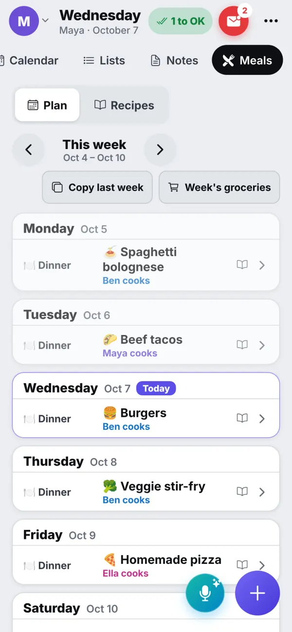 The week's meal plan on a phone: spaghetti bolognese, beef tacos, burgers, veggie stir-fry and homemade pizza, with who cooks each night