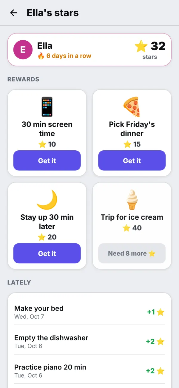Ella's stars on a phone: 32 stars, six days in a row, and a rewards store with screen time, picking Friday's dinner, staying up later and a trip for ice cream