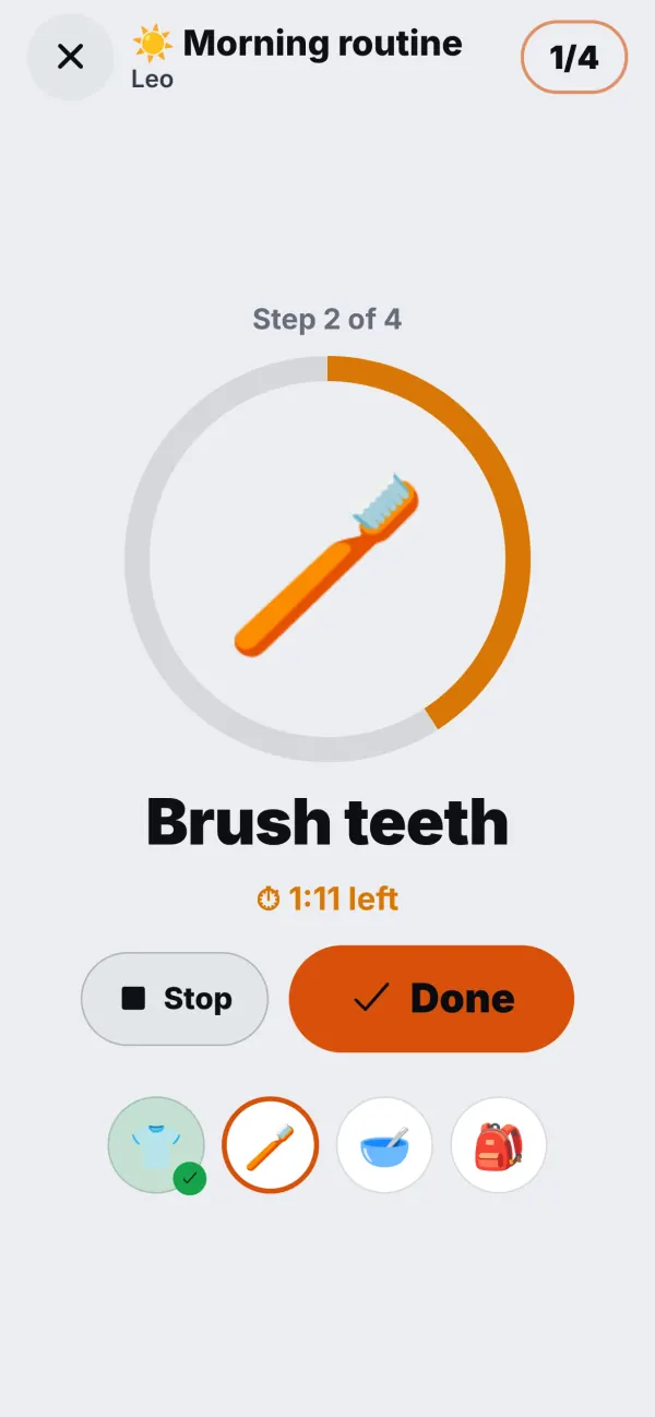 Leo's morning routine: step 2 of 4, Brush teeth, with a timer and a big Done button