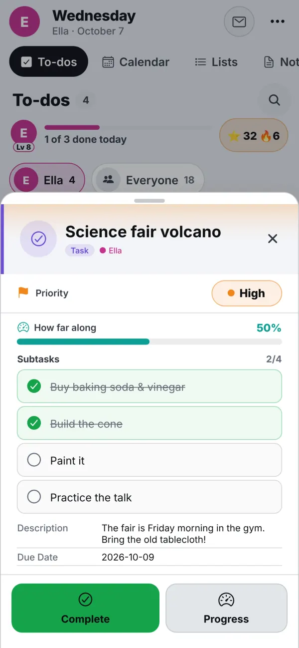 A to-do on a phone: Science fair volcano, two of four subtasks ticked and the bar at 50 percent